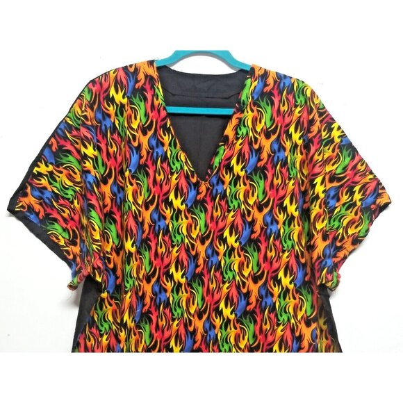 FLAMES FIRE PRINT Scrub Top short sleeve 2X/3X black orange blue vibrant pullove - Picture 2 of 4